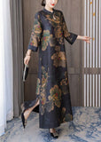 peopleterritory Retro Mandarin Collar Print Silk Long Dresses Caftan Spring LY1707