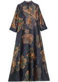 peopleterritory Retro Mandarin Collar Print Silk Long Dresses Caftan Spring LY1707