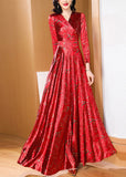 peopleterritory Retro Red Print Slim Fit Satin Long Dresses Spring LY1735