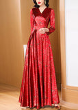 peopleterritory Retro Red Print Slim Fit Satin Long Dresses Spring LY1735