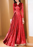 peopleterritory Retro Red Print Slim Fit Satin Long Dresses Spring LY1735