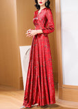 peopleterritory Retro Red Print Slim Fit Satin Long Dresses Spring LY1735