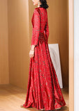 peopleterritory Retro Red Print Slim Fit Satin Long Dresses Spring LY1735