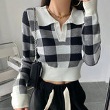 peopleterritory Autumn Winter Vintage Knitwear Crop Tops Women Pullover Sweaters Fashion Female Long Sleeve Elastic Casual Plaid Knitted Shirts F4040