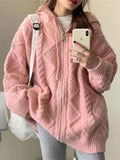 peopleterritory Korean Fashion Knit Cardigan Women Autumn Winter Casual Loose Zipper Hooded Thick Sweater Coat Long Sleeve Pink Top FC8527