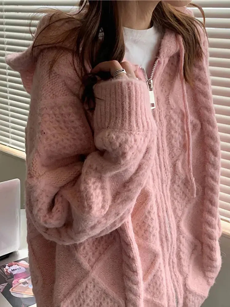 peopleterritory Korean Fashion Knit Cardigan Women Autumn Winter Casual Loose Zipper Hooded Thick Sweater Coat Long Sleeve Pink Top FC8527