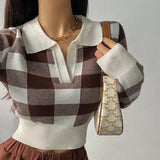 peopleterritory Autumn Winter Vintage Knitwear Crop Tops Women Pullover Sweaters Fashion Female Long Sleeve Elastic Casual Plaid Knitted Shirts F4040