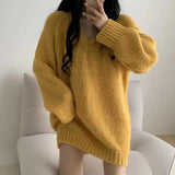 peopleterritory Autumn Winter Women Knitted Sweaters Fashion Korean Oversized Simple V Neck Pullover Harajuku Solid Puff Sleeves Casual Jumpers FC8557