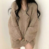 peopleterritory Autumn Winter Women Knitted Sweaters Fashion Korean Oversized Simple V Neck Pullover Harajuku Solid Puff Sleeves Casual Jumpers FC8557