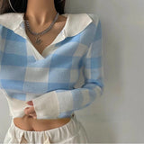 peopleterritory Autumn Winter Vintage Knitwear Crop Tops Women Pullover Sweaters Fashion Female Long Sleeve Elastic Casual Plaid Knitted Shirts F4040