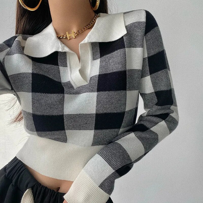 peopleterritory Autumn Winter Vintage Knitwear Crop Tops Women Pullover Sweaters Fashion Female Long Sleeve Elastic Casual Plaid Knitted Shirts F4040