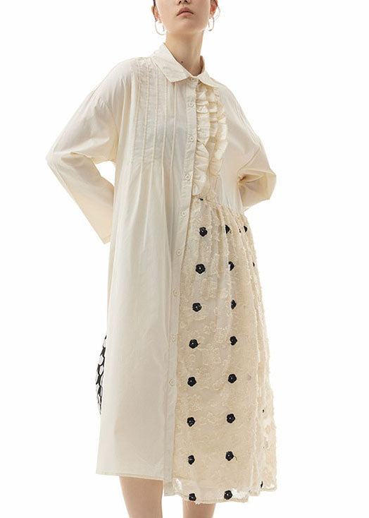 peopleterritory Simple Apricot Embroideried Patchwork Cotton Shirts Dresses Spring LY1149