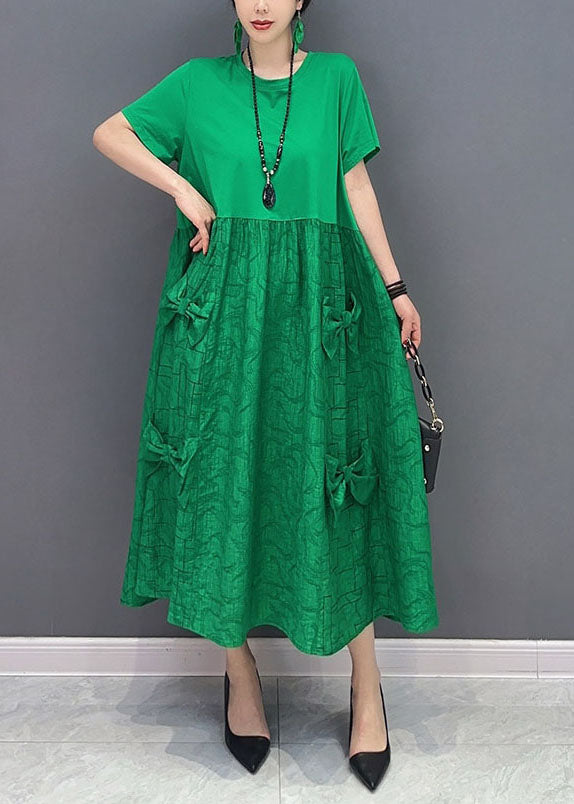 peopleterritory Simple Green O-Neck Patchwork Jacquard Cotton Long Dresses Summer LY1572
