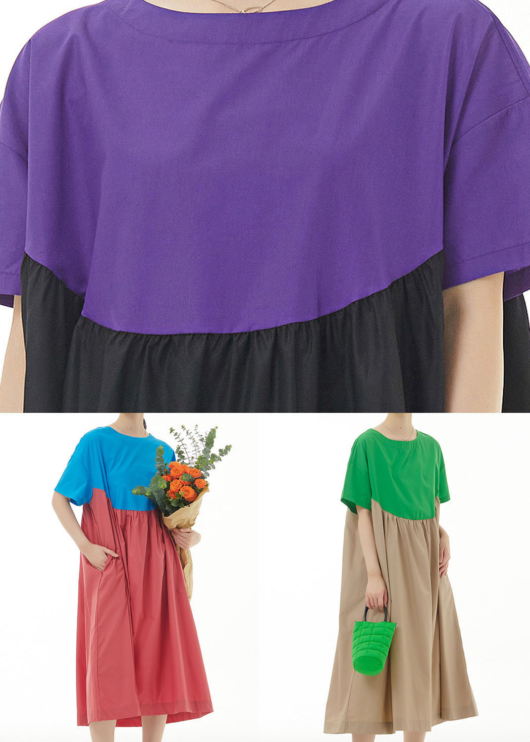 peopleterritory Simple Purple O Neck Wrinkled Patchwork Cotton Dresses Summer LY1166