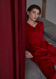peopleterritory Simple Red Peter Pan Collar Button Solid Ice Silk Couple Pajamas Two Pieces Set Long Sleeve LY1862