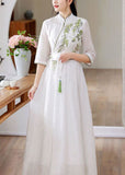 peopleterritory Simple White Stand Collar Embroideried Patchwork Silk Dress Spring LY1670
