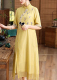 peopleterritory Simple Yellow Embroideried Patchwork Button Silk Dress Summer LY1685