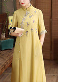 peopleterritory Simple Yellow Embroideried Patchwork Button Silk Dress Summer LY1685