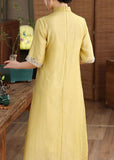 peopleterritory Simple Yellow Embroideried Patchwork Button Silk Dress Summer LY1685