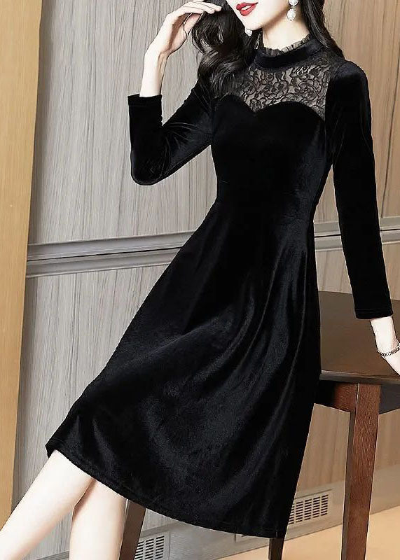 peopleterritory Slim Fit Black Stand Collar Lace Patchwork Silk Velour Party Dress Spring LC0065