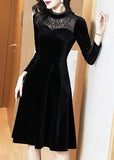 peopleterritory Slim Fit Black Stand Collar Lace Patchwork Silk Velour Party Dress Spring LC0065