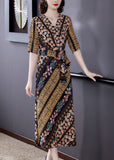 peopleterritory Slim Fit V Neck Cinched Print Chiffon Long Dress Summer LY1695