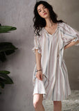 peopleterritory Style White V Neck Striped Cotton Long Dresses Summer LY1865