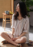 peopleterritory Style White V Neck Striped Cotton Long Dresses Summer LY1865