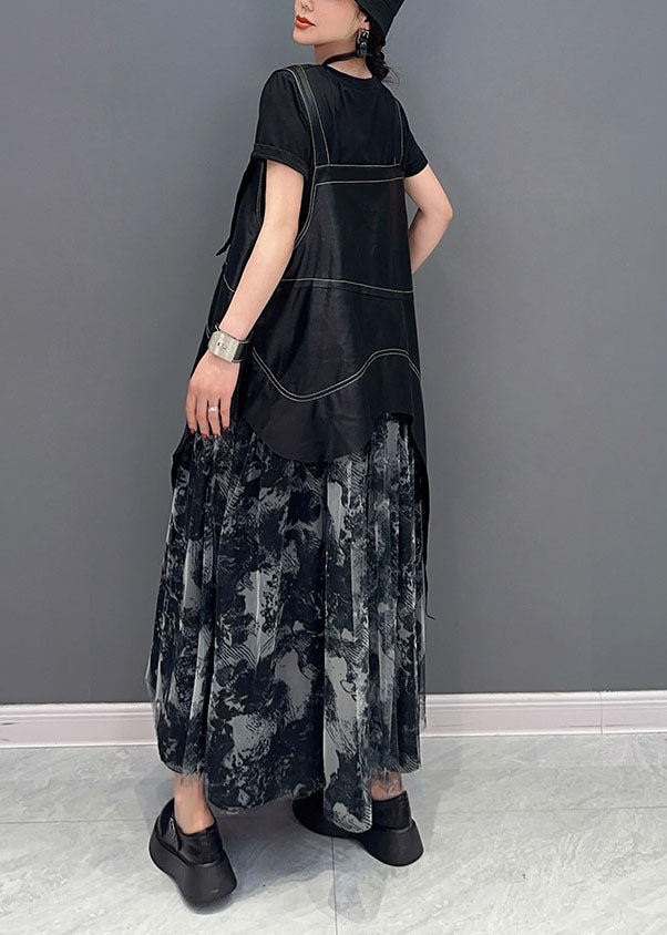 peopleterritory Stylish Black Asymmetrical Patchwork Exra Large Hem Chiffon Strap Dress Summer LY1587