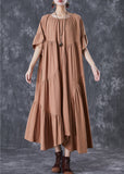 peopleterritory Stylish Khaki Asymmetrical Wrinkled Cotton Party Dress Flare Sleeve TD1062