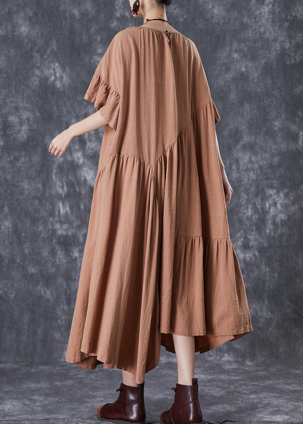 peopleterritory Stylish Khaki Asymmetrical Wrinkled Cotton Party Dress Flare Sleeve TD1062