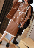peopleterritory Stylish Khaki O-Neck Oversized Print Knit Two Pieces Set Batwing Sleeve LY1442