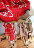 peopleterritory Stylish Khaki O-Neck Oversized Print Knit Two Pieces Set Batwing Sleeve LY1442