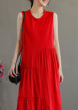 peopleterritory Stylish Red O-Neck Patchwork Cotton Party Dress Sleeveless TG1025