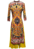 peopleterritory Stylish Yellow Print Patchwork Side Open Silk Dress Spring LY1676