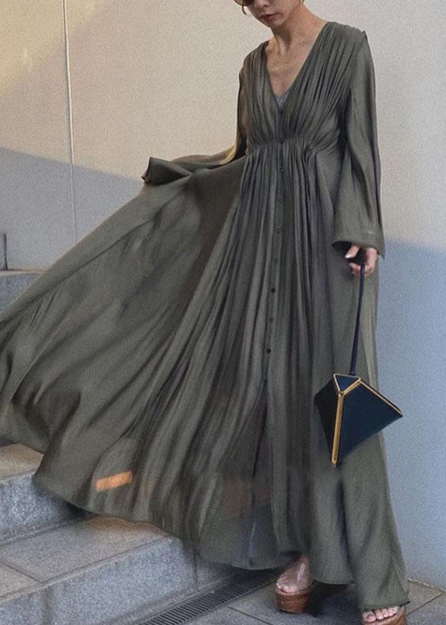 peopleterritory Unique Army Green Cinched Patchwork Cotton Long Dresses Flare Sleeve LY1312