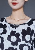 peopleterritory Unique Black O-Neck Sunflower Print Silk Dresses Bracelet Sleeve LY1823