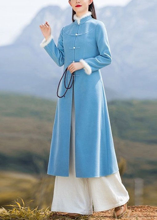 peopleterritory Unique Blue Patchwork Chinese Button Woolen Coat And Pants Two Pieces Set Spring LY1671