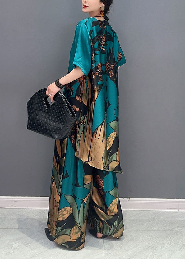 peopleterritory Unique Green Oversized Print Chiffon Women Sets 2 Pieces Summer LY1599