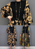peopleterritory Unique Khaki Print Knit Patchwork Chiffon Dresses Lantern Sleeve LY1586
