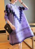 peopleterritory Unique Purple Stand Collar Print Party Dress Half Sleeve LY1459