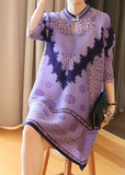 peopleterritory Unique Purple Stand Collar Print Party Dress Half Sleeve LY1459