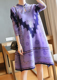 peopleterritory Unique Purple Stand Collar Print Party Dress Half Sleeve LY1459