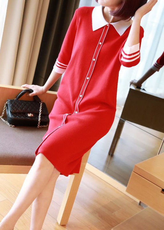 peopleterritory Unique Red Peter Pan Collar Button Knit Dresses Half Sleeve LY1446