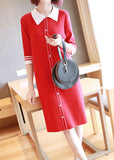 peopleterritory Unique Red Peter Pan Collar Button Knit Dresses Half Sleeve LY1446