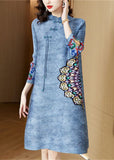 peopleterritory Vintage Blue Mandarin Collar Print Oriental A Line Dress  Spring LY1466