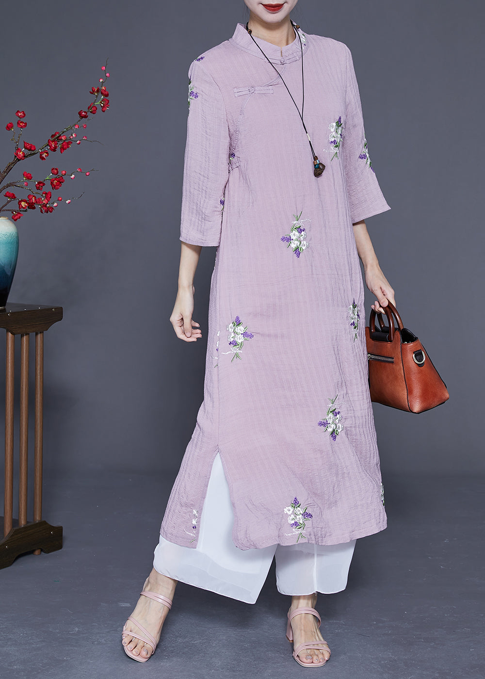 peopleterritory Vintage Purple Embroideried Chinese Button Linen Long Dresses Bracelet Sleeve LY1845