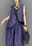 peopleterritory Vintage Purple Sleeveless Vest Tops And Pants Cotton Two Piece Set Women Clothing LC0354