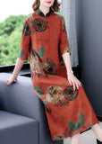 peopleterritory Vintage Red Stand Collar Print Silk A Line Dress Half Sleeve LY1666