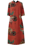peopleterritory Vintage Red Stand Collar Print Silk A Line Dress Half Sleeve LY1666